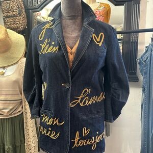 Adore Dark Blue Denim Blazer with Yellow Embroidery